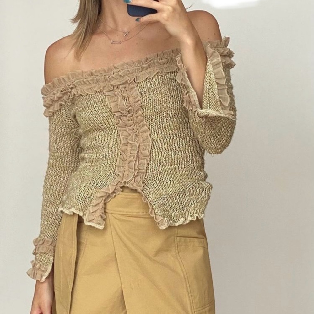 Vintage Tan Knit Top with Ruffle Detail